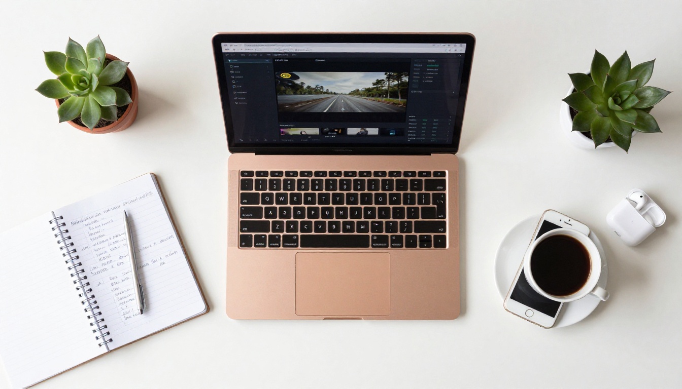 Overhead flat-lay of creative workspace with laptop, notebook, smartphone, and coffee