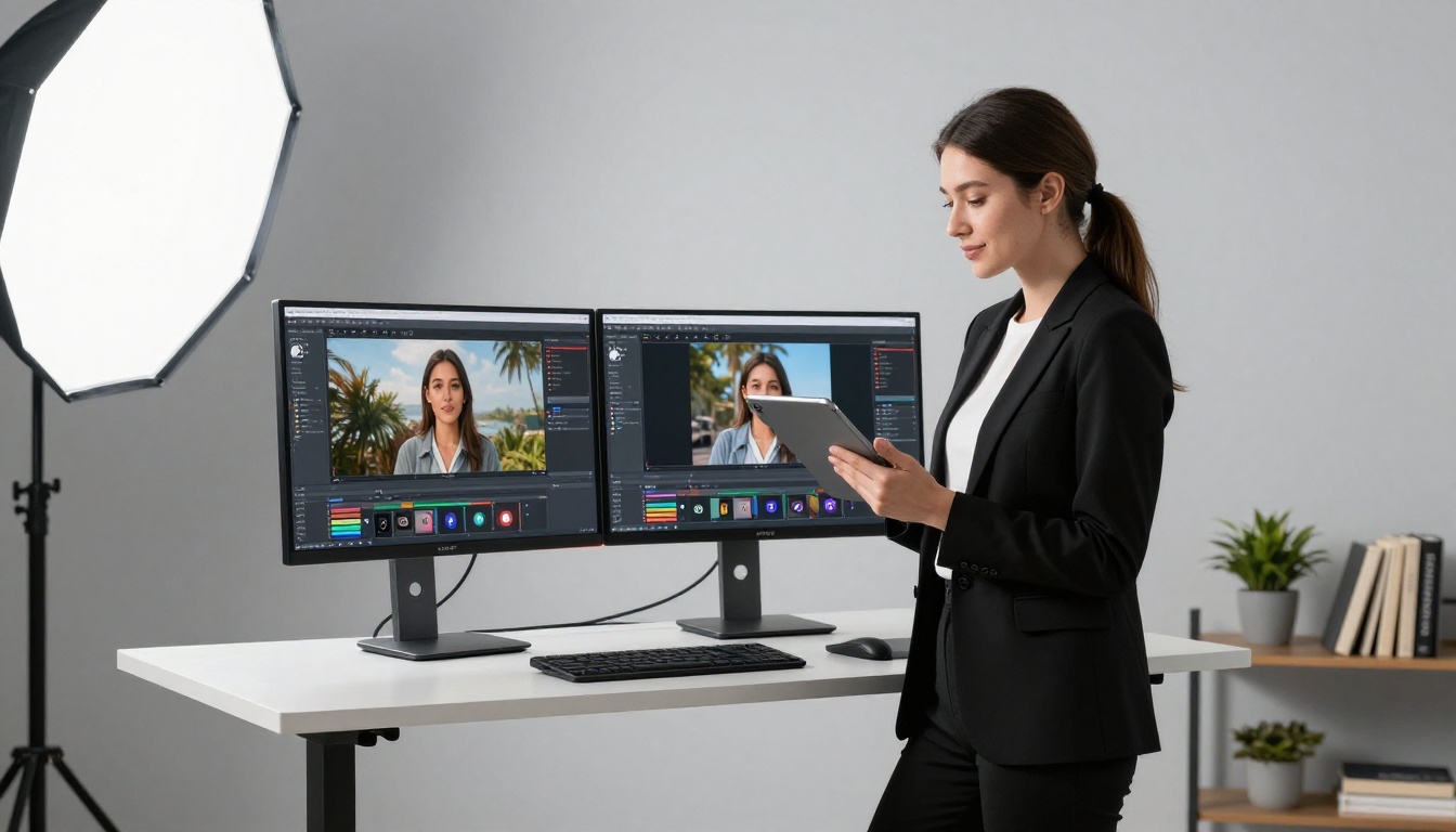 Content creator standing at dual-monitor setup with AI video generation interface