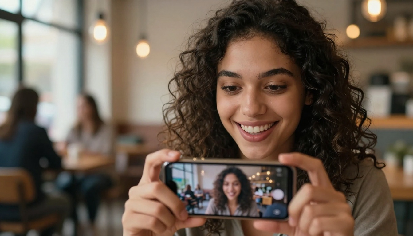 Woman smiling at smartphone showing completed AI-generated video in cafe setting