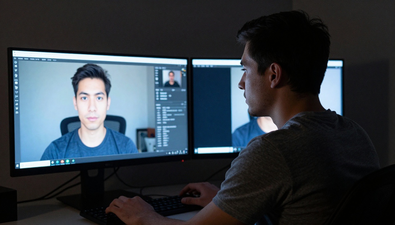 Man with focused expression comparing AI video quality on dual monitors in low-key lighting