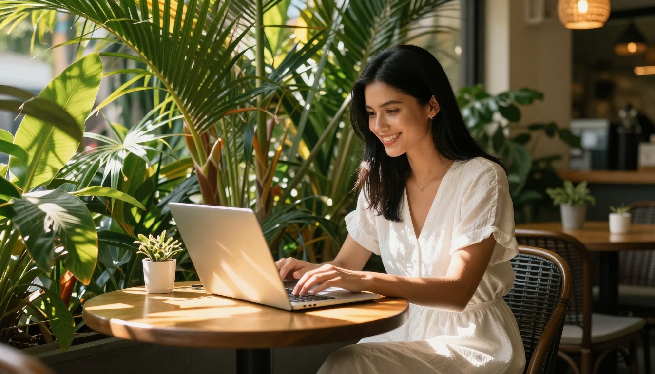 Young woman with laptop at sunlit balcony cafe surrounded by tropical plants