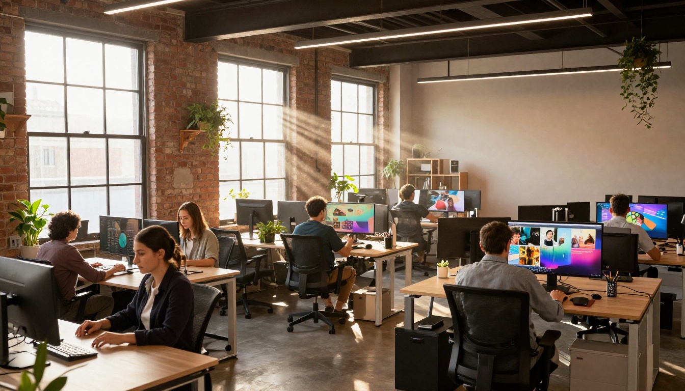 Open-plan creative office with professionals working on video content at individual stations