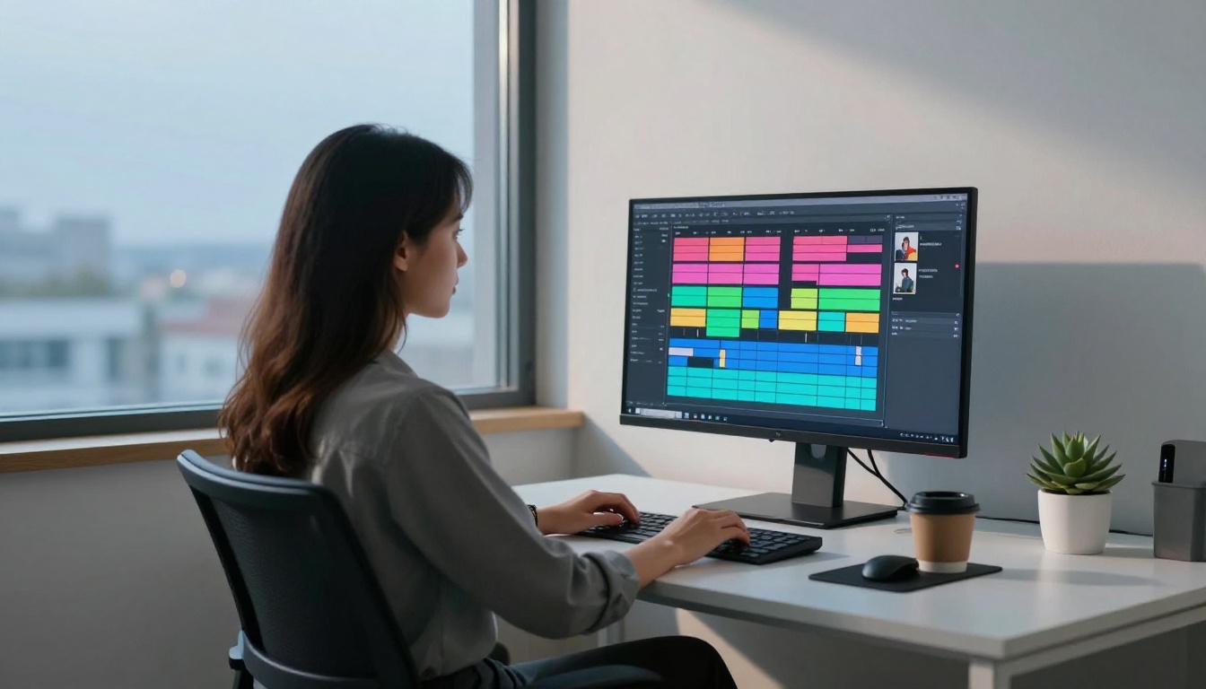Woman studying AI video output on a large curved monitor at a creative studio workstation Woman studying AI video output on a large curved monitor at a creative studio workstation