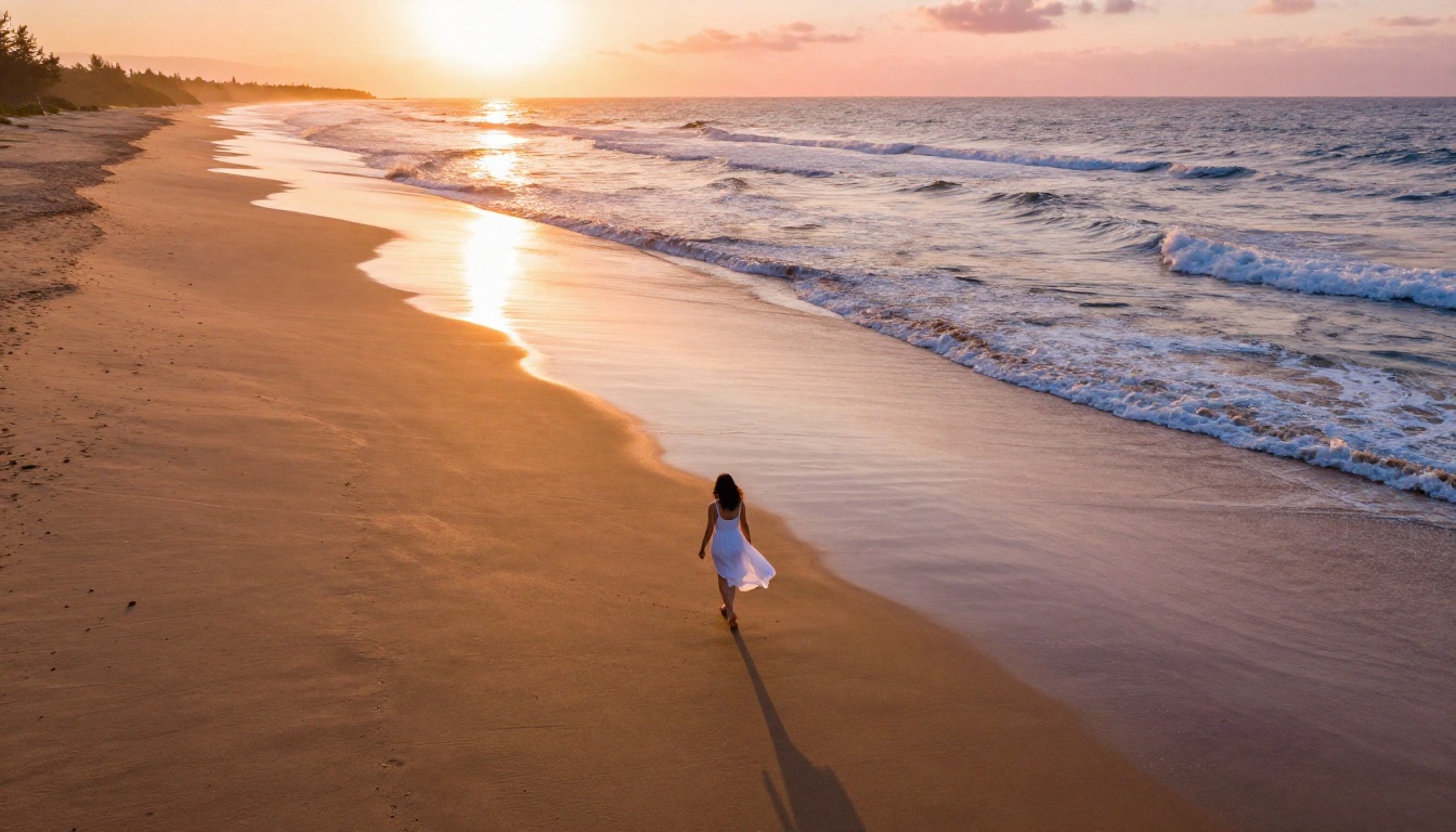 Aerial drone view of a lone woman walking barefoot on a golden-hour beach, long shadow across wet sand Aerial drone view of a lone woman walking barefoot on a golden-hour beach, long shadow across wet sand