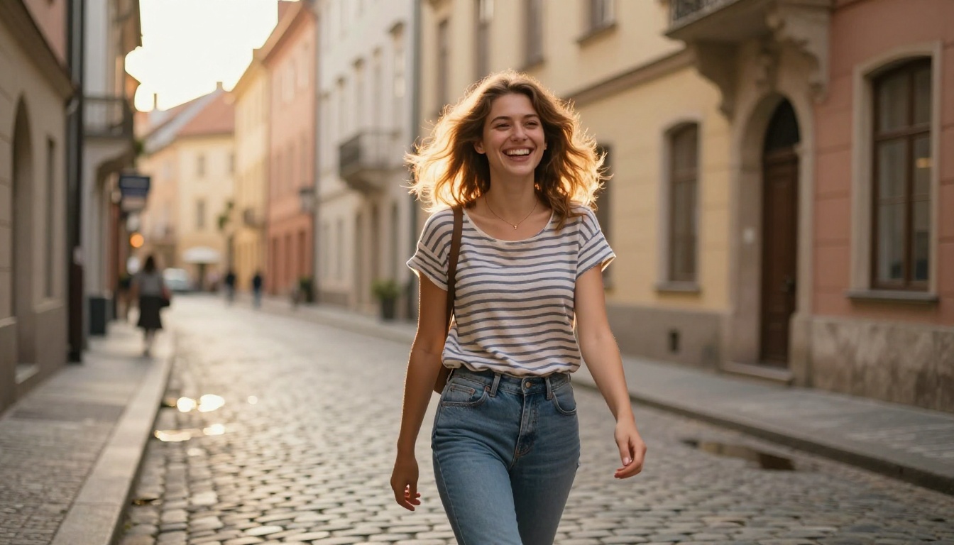 A woman laughing naturally while walking on a cobblestone street in warm golden-hour backlight A woman laughing naturally while walking on a cobblestone street in warm golden-hour backlight