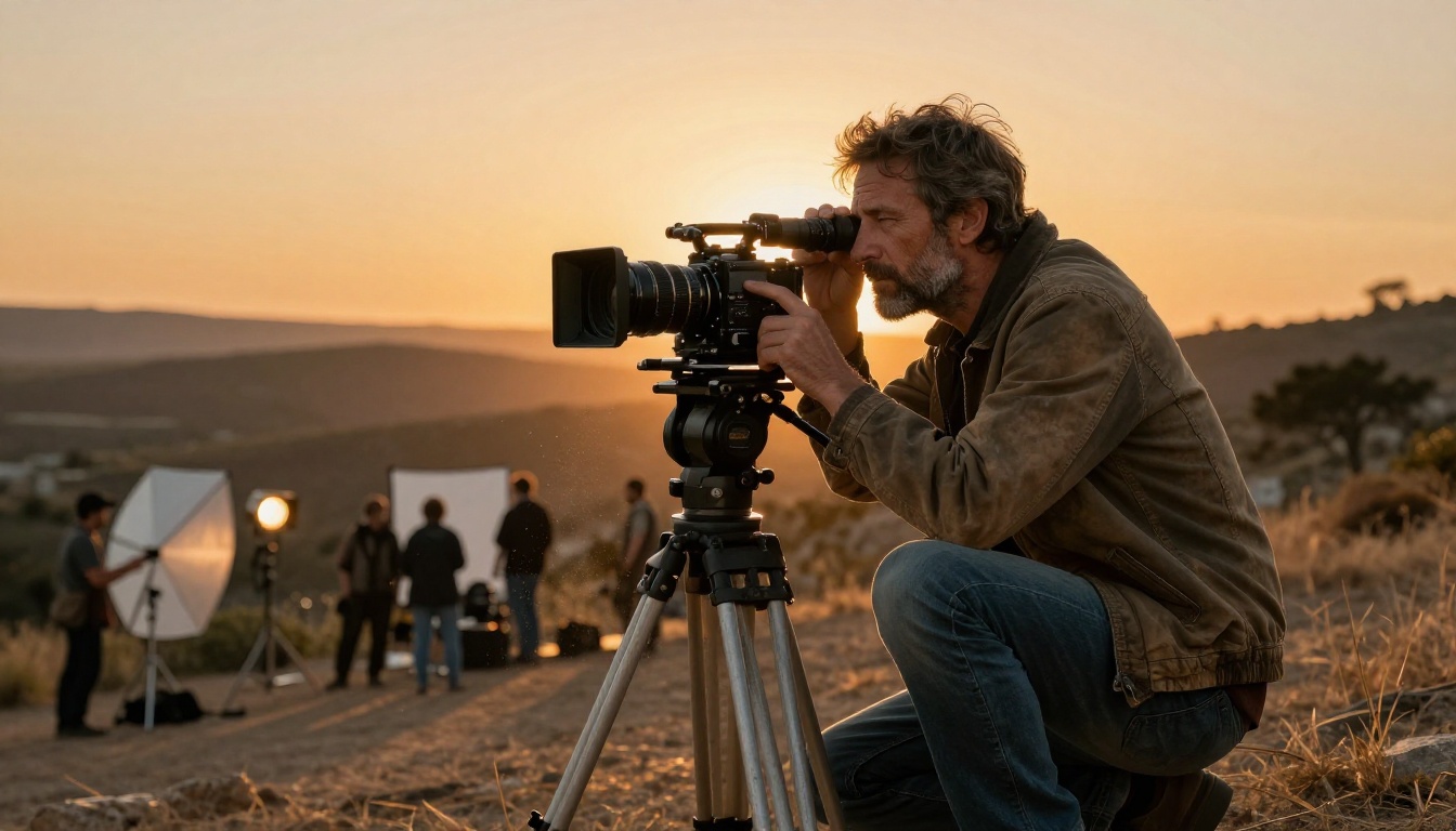 Film director looking through a cinema camera viewfinder during a golden hour outdoor shoot Film director looking through a cinema camera viewfinder during a golden hour outdoor shoot