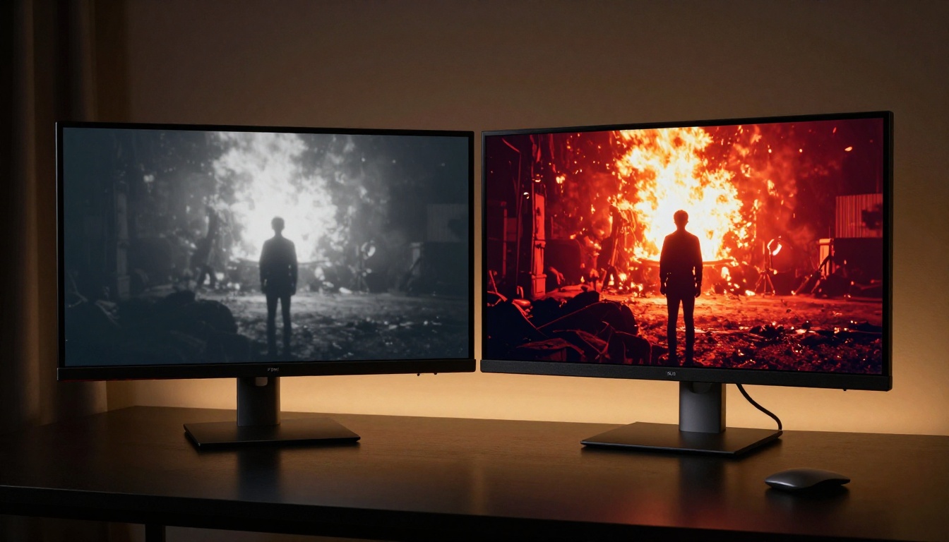 Two large monitors side by side showing a video quality comparison in a dark studio with dramatic desk lighting