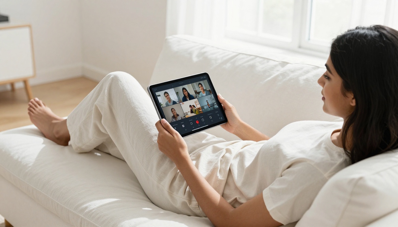 Young woman relaxing on a white linen couch, browsing video clips on a tablet, soft diffused natural light