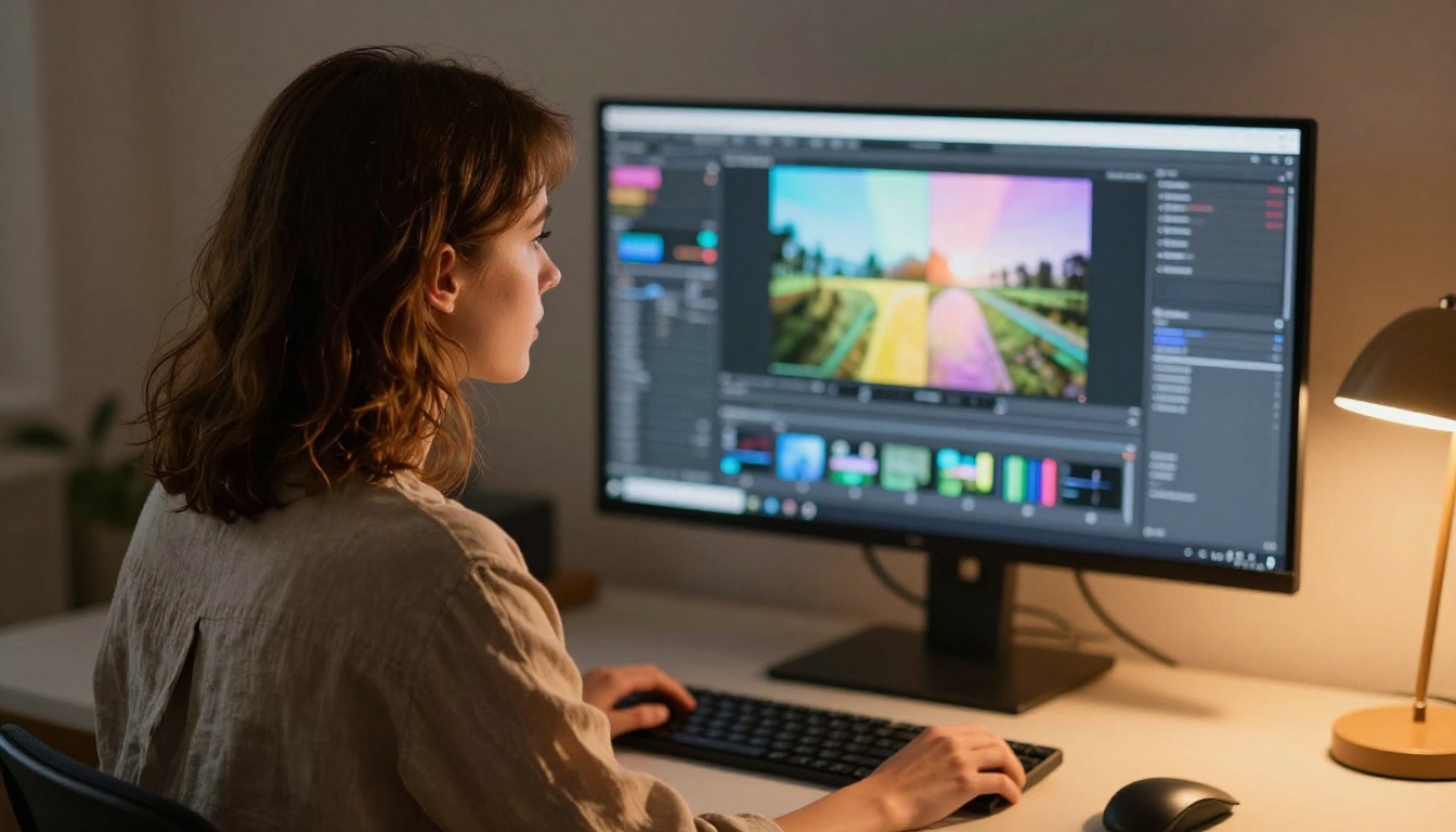 A young woman working at a monitor showing AI video editing interface in a softly lit studio apartment