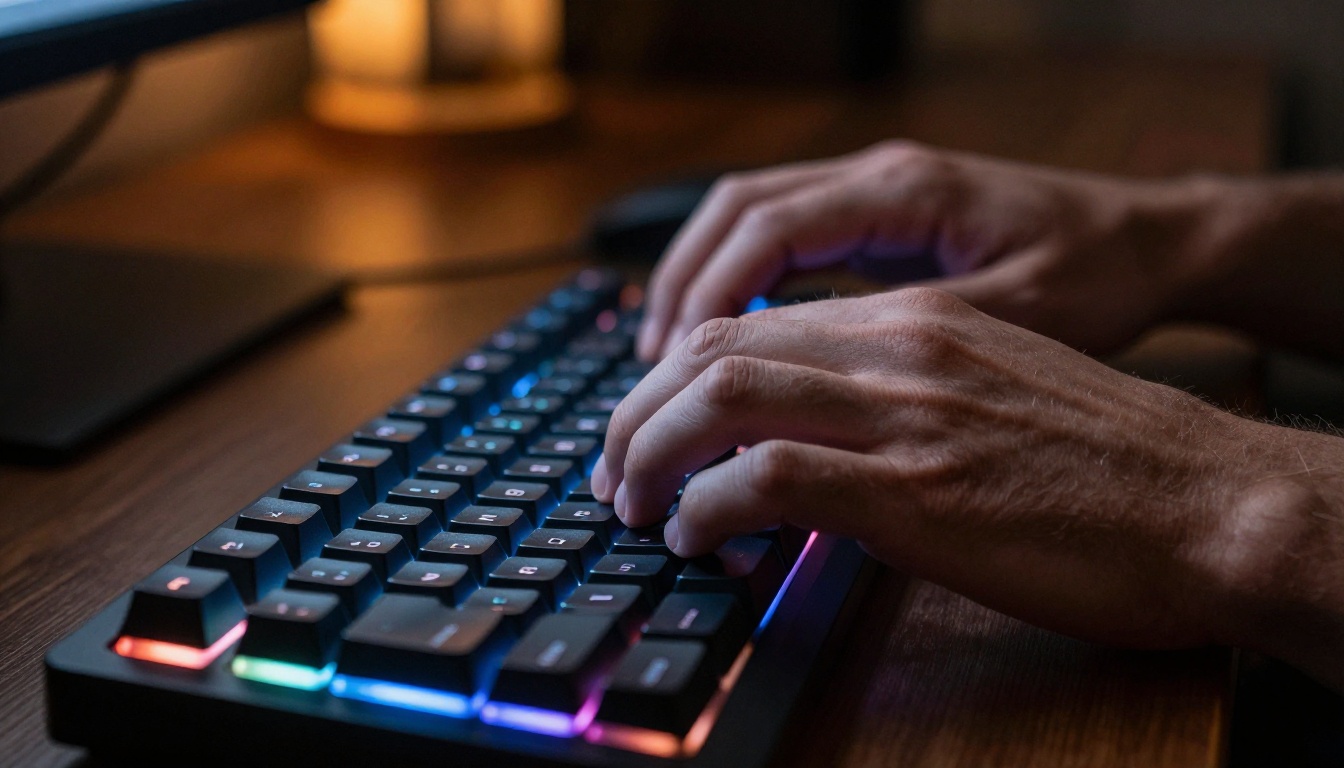 Close-up of hands typing on a mechanical keyboard illuminated by monitor light in a dark creative workspace