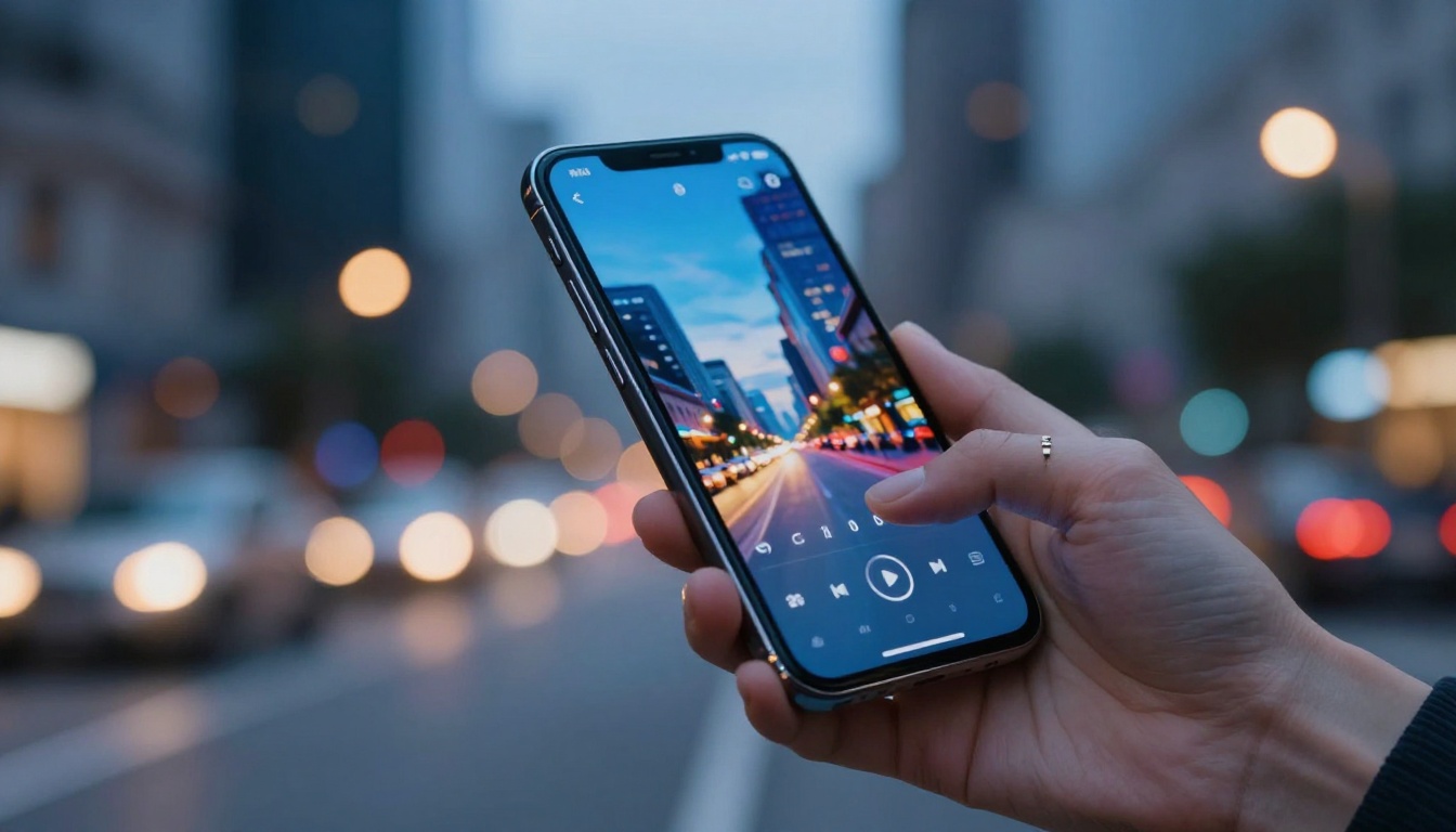 A sleek smartphone displaying a vibrant video player interface, blurred city bokeh background at blue hour dusk