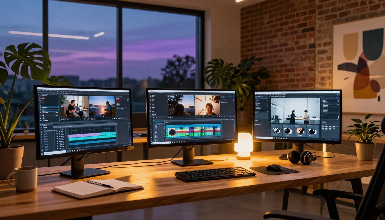 Wide interior of a modern creative workspace at dusk, three monitors showing video editing grids, warm lamp light