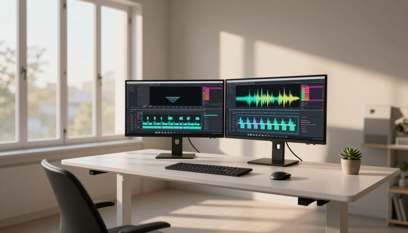 Wide shot of a modern home office with dual monitors showing video editing software, morning light streaming through tall windows