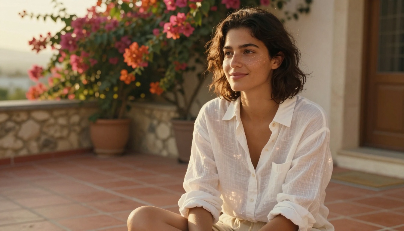 A beautiful young woman in a white linen shirt sitting on a sun-drenched Mediterranean terrace with bougainvillea bokeh in the background