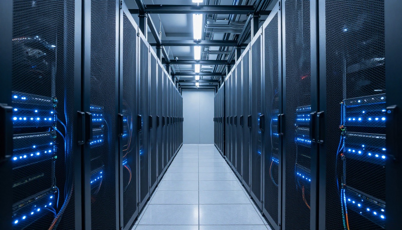 Interior of a modern server room with rows of GPU server racks illuminated by cool blue LED status lights receding into the distance