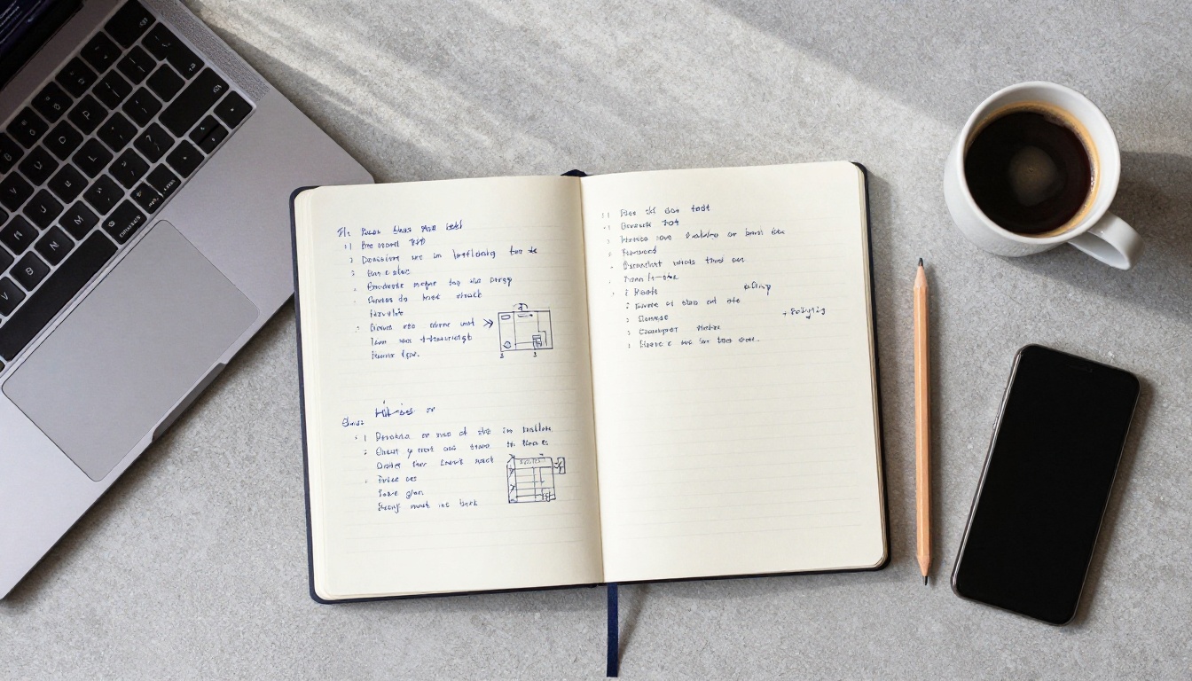 Overhead flat-lay of a developer workspace with open notebook showing handwritten notes, laptop with terminal, espresso cup and smartphone on a concrete desk