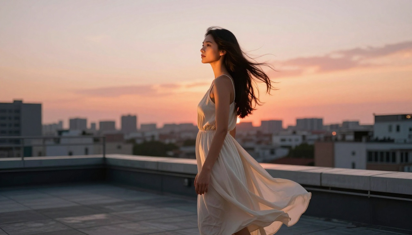 A woman in a cream summer dress standing on a rooftop terrace at sunset overlooking a soft-focus city skyline with warm orange and pink light