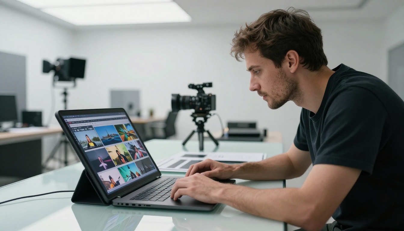 Side profile of a focused male creative professional reviewing video storyboard frames on a tablet inside a minimalist studio with diffused skylights