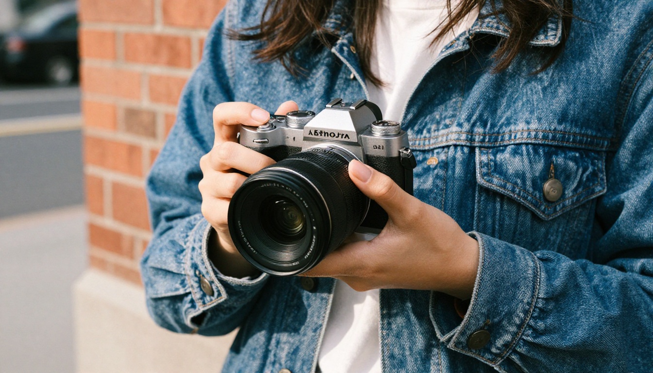 Dynamic low-angle shot of a woman holding a mirrorless camera on a city street with natural overcast light and urban bokeh background
