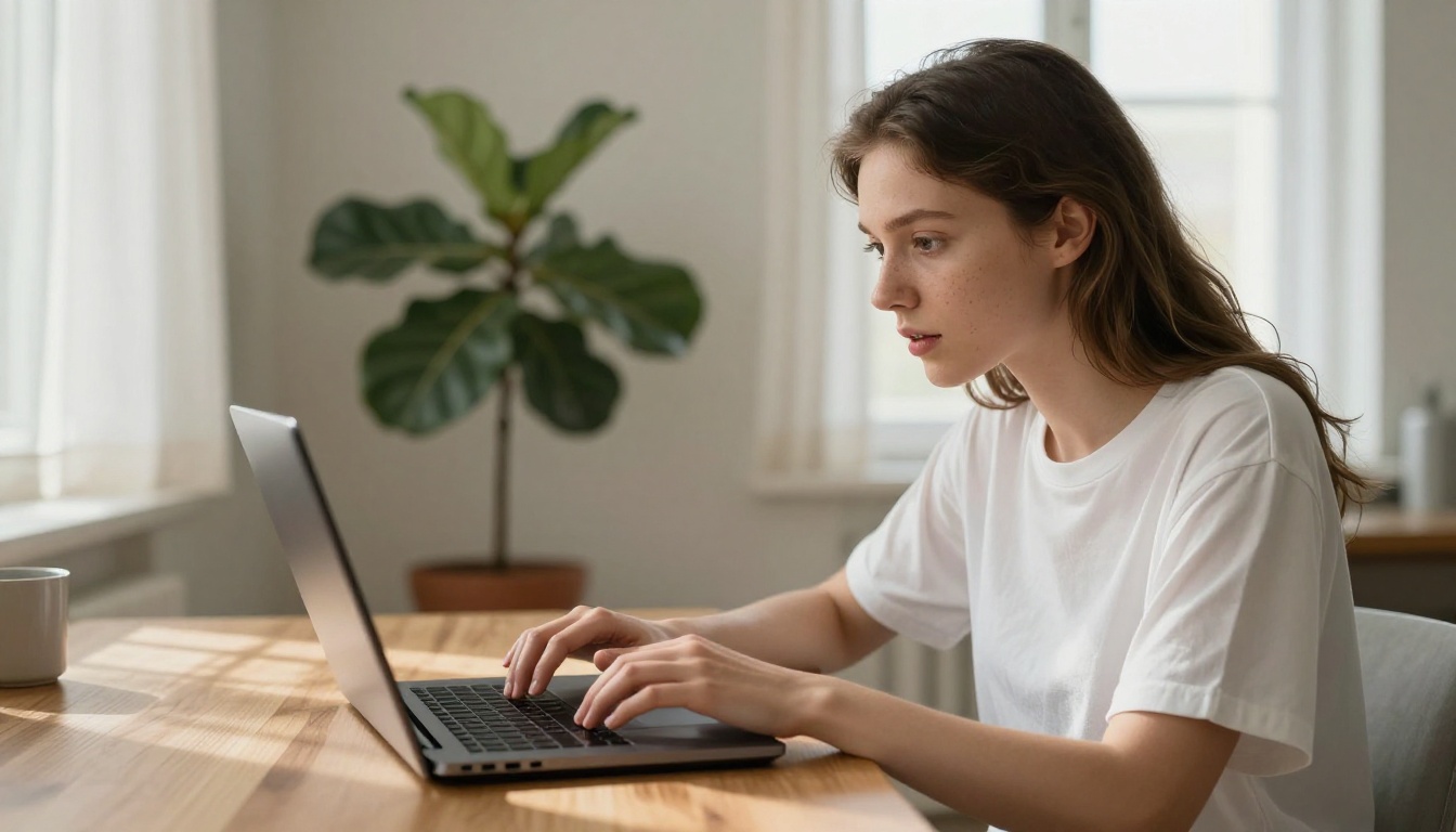 Woman reviewing AI video frames at a sunlit desk Woman reviewing AI video frames at a sunlit desk