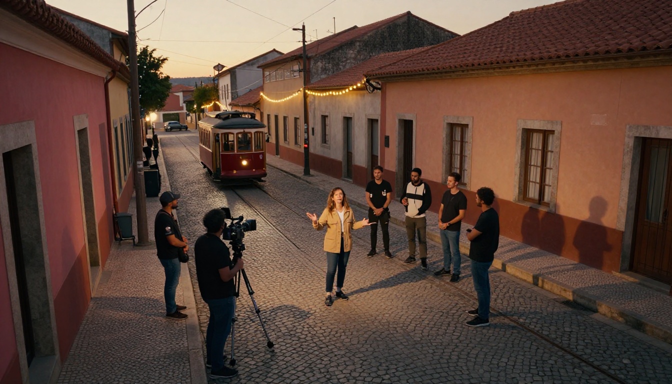 Film production crew on a cobblestone street at dusk Film production crew on a cobblestone street at dusk