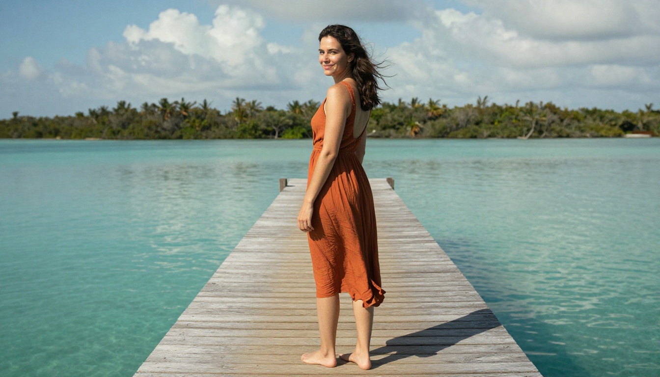 Woman in rust-orange dress standing on sun-bleached wooden pier Woman in rust-orange dress standing on sun-bleached wooden pier