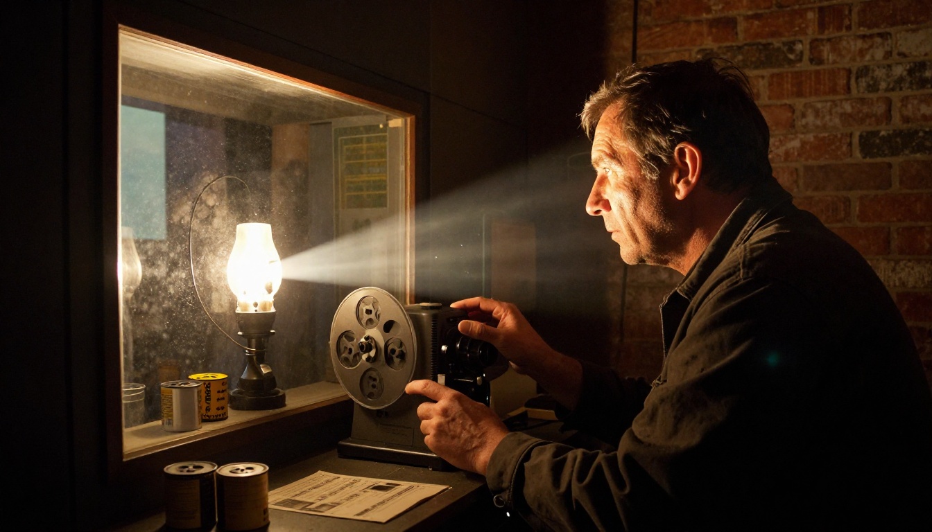 Cinema projection booth at night with projectionist adjusting film reel Cinema projection booth at night with projectionist adjusting film reel