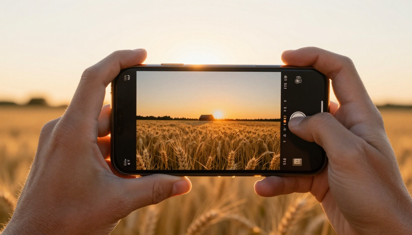 Hands holding smartphone filming a golden wheat field at sunset