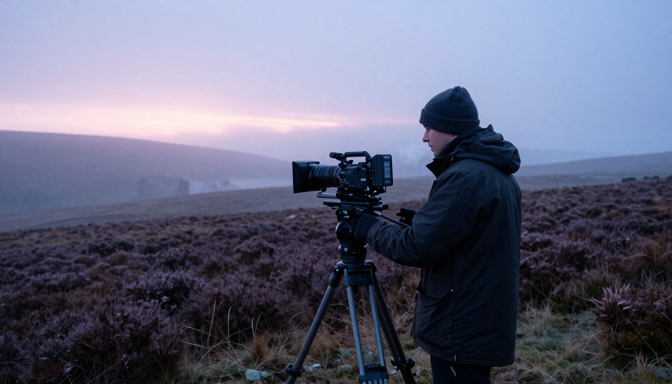 Cinematographer setting up cinema camera on misty Scottish highland moor at dawn