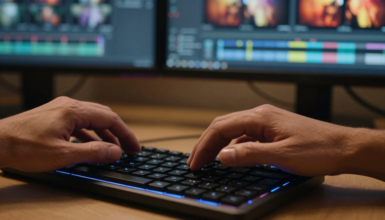 Professional video editor working at a cinematic production setup