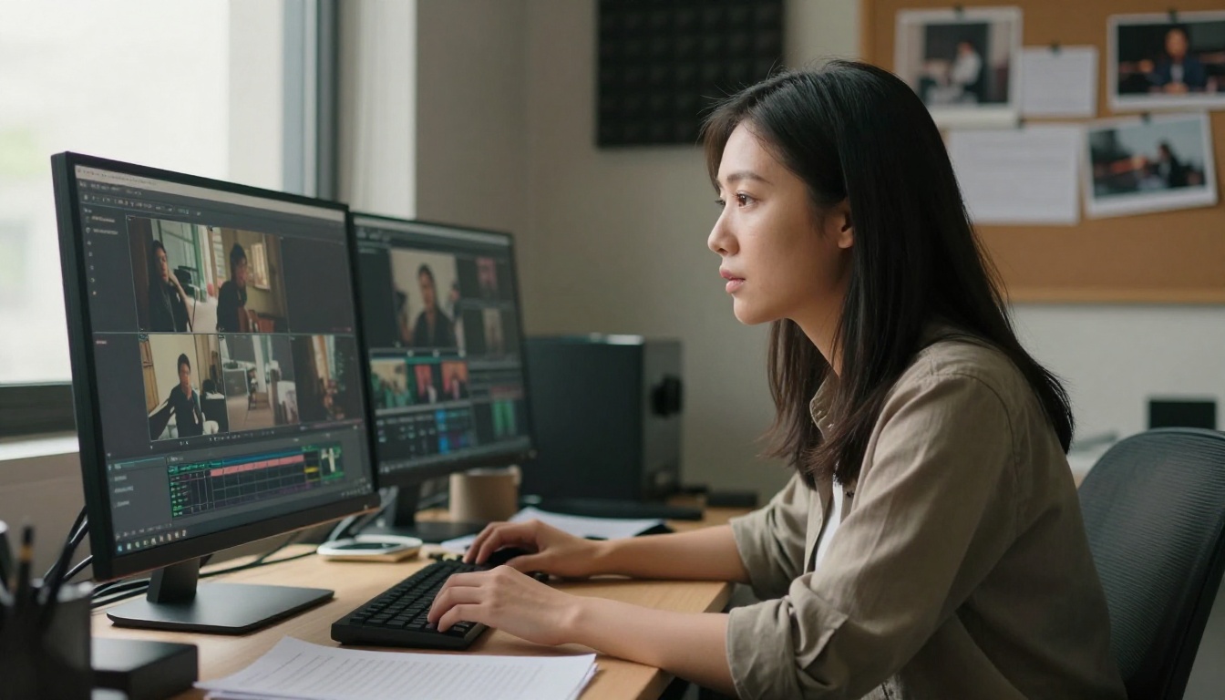 Creative director reviewing video playback on a production monitor