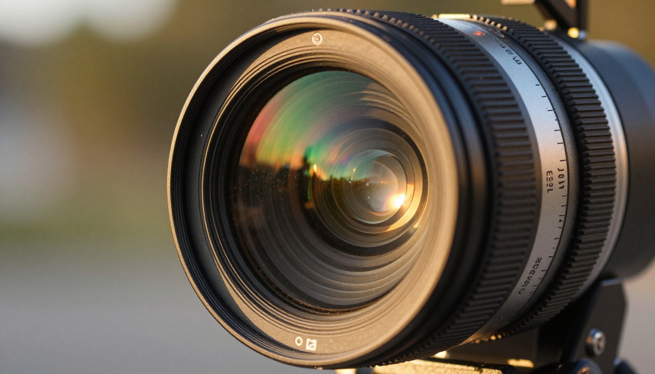Professional cinema camera lens showcasing optical precision