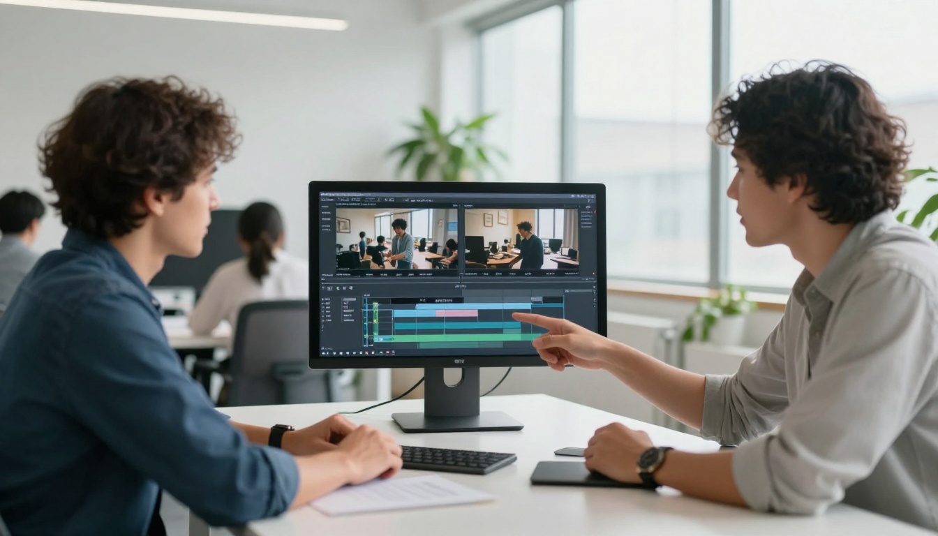 Two professionals collaborating over a video production interface
