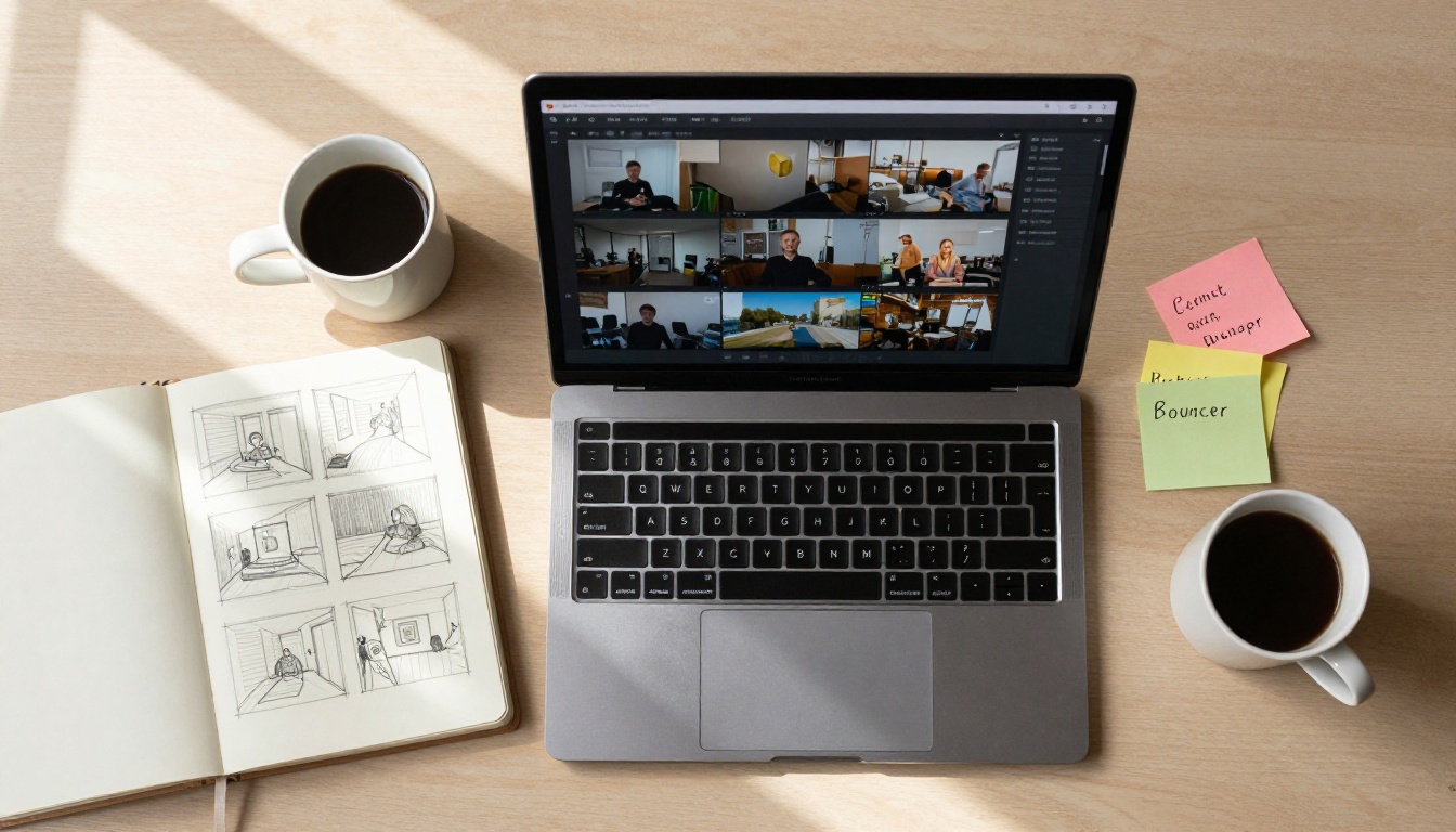 An aerial top-down view of a creative workspace with a video generation interface on a laptop