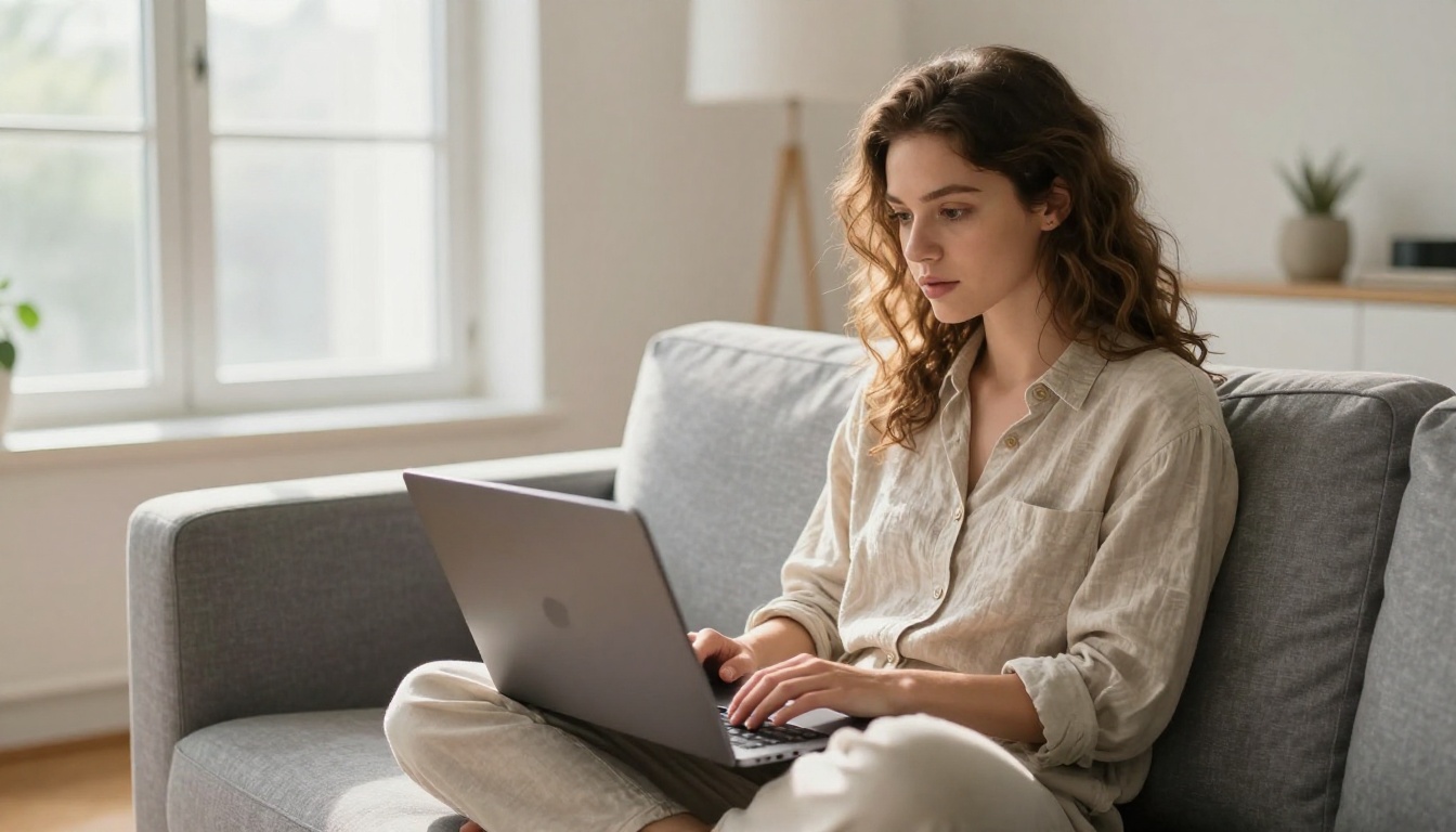 A woman watching an AI-generated video on her laptop with engaged curiosity in a sunlit apartment