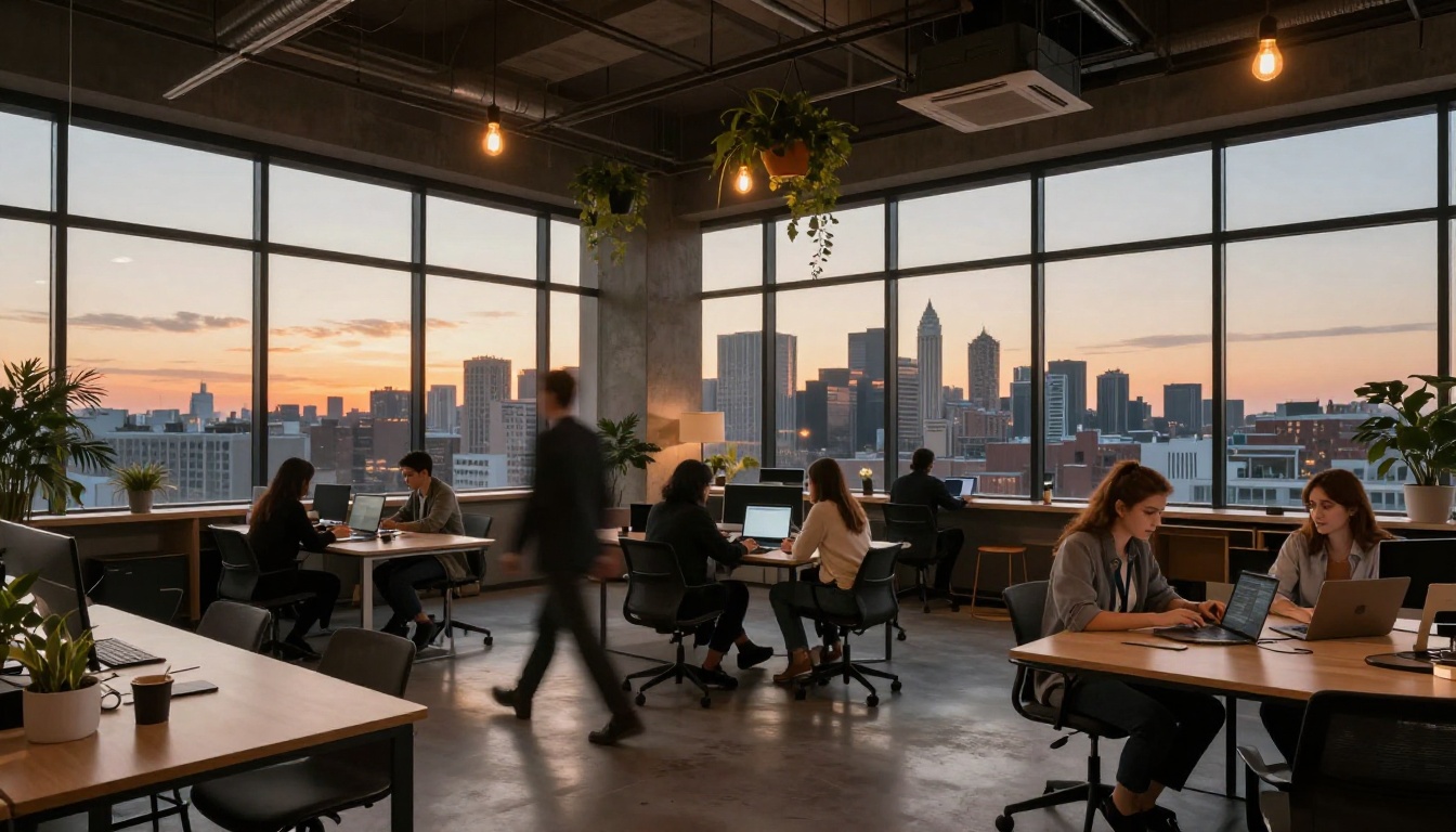 Creative agency team working at dusk with city skyline backdrop