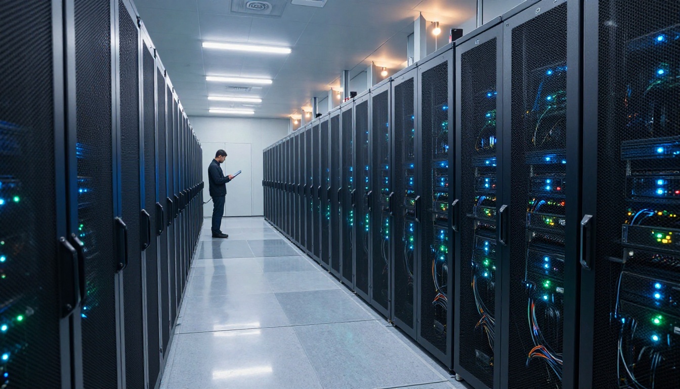Rows of GPU server racks in a modern AI research lab with blue and green indicator lights