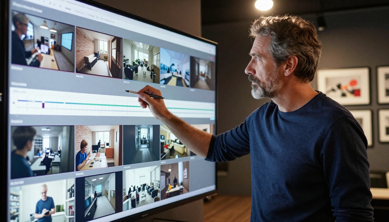 A creative director pointing at a video storyboard timeline on a large mounted display