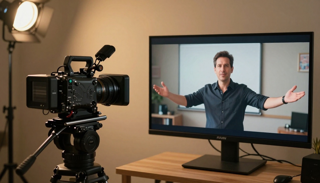 A professional video production suite with a traditional cinema camera next to a monitor showing AI-generated video