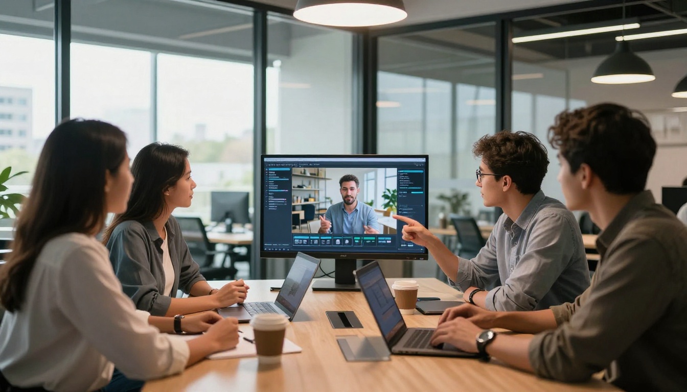 A marketing team gathered around a conference table reviewing AI-generated video content on a large monitor