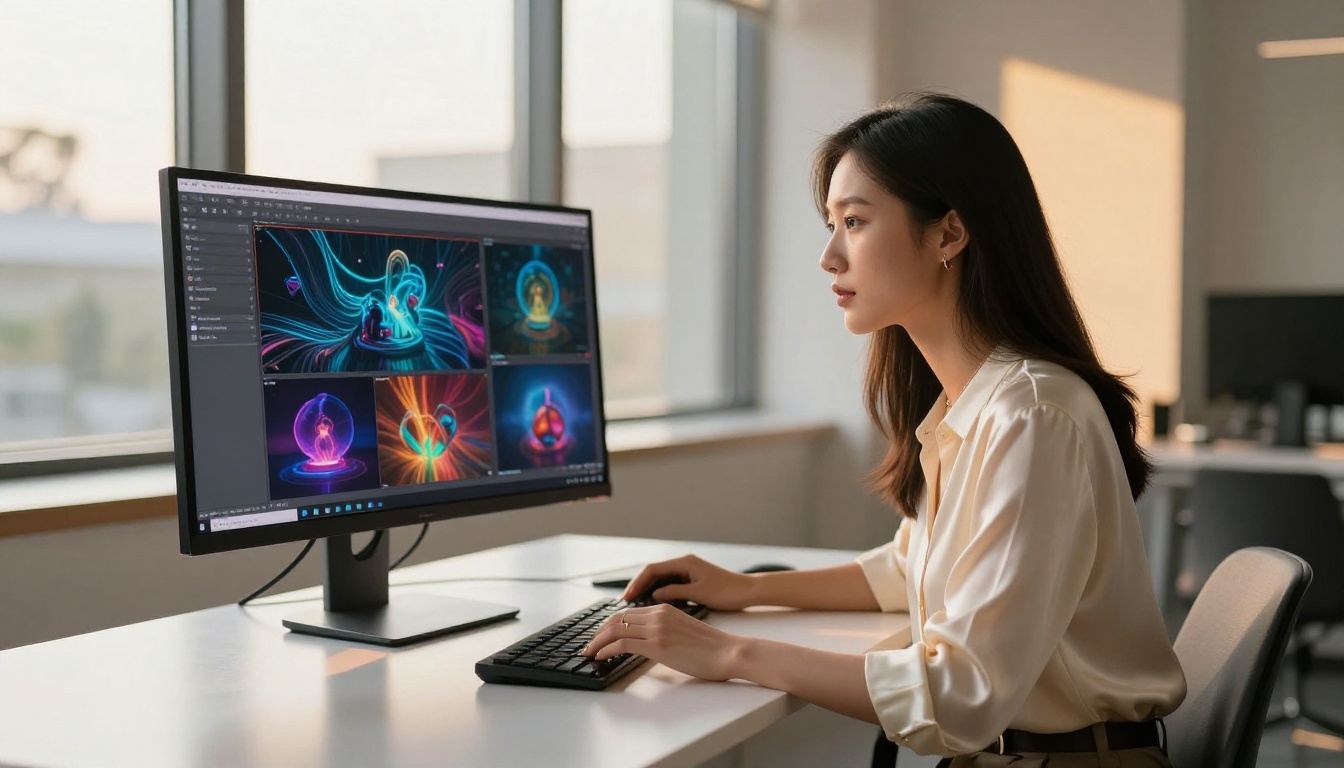 AI video creator at professional workstation with wide monitor displaying video frames