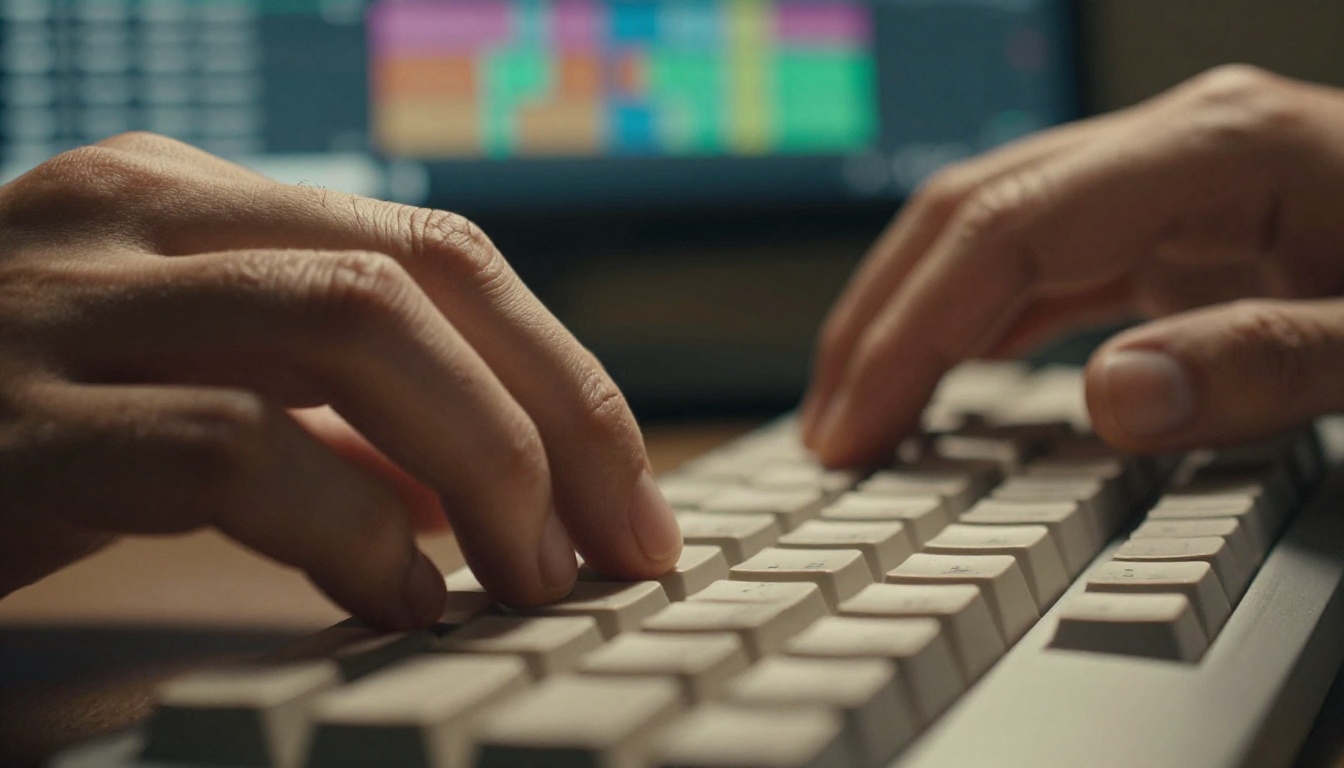 Close-up of video editor's hands on a mechanical keyboard with colorful timeline on monitor behind