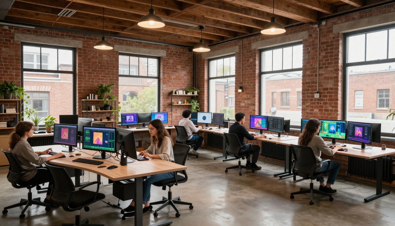 Open-plan creative studio with diverse team at dual-monitor workstations showing AI-generated video