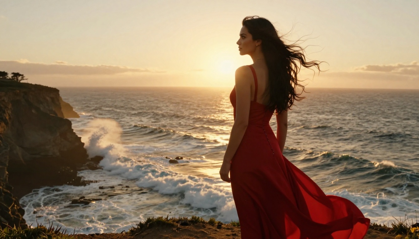 Glamorous woman in red dress standing on a windswept Pacific cliff at golden hour
