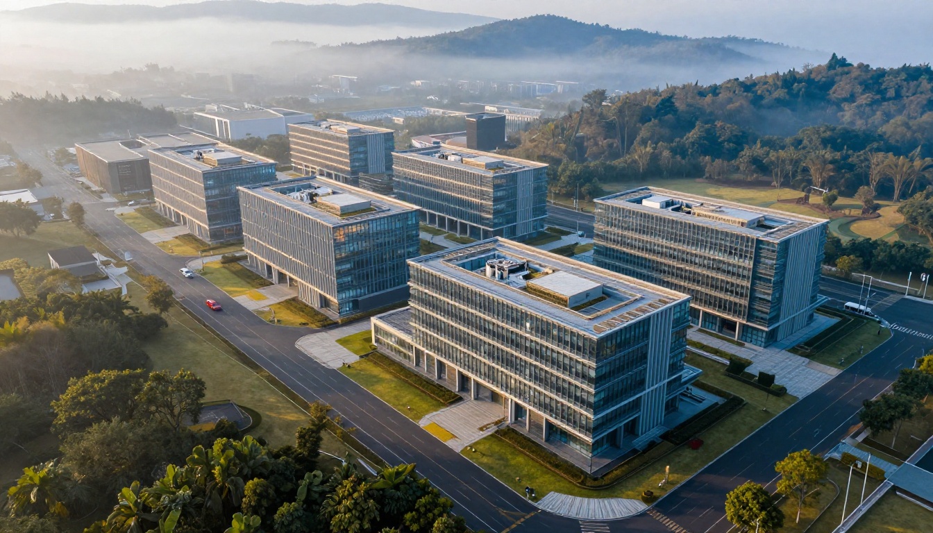 Aerial photograph of modern tech campus at dawn with geometric buildings and morning fog