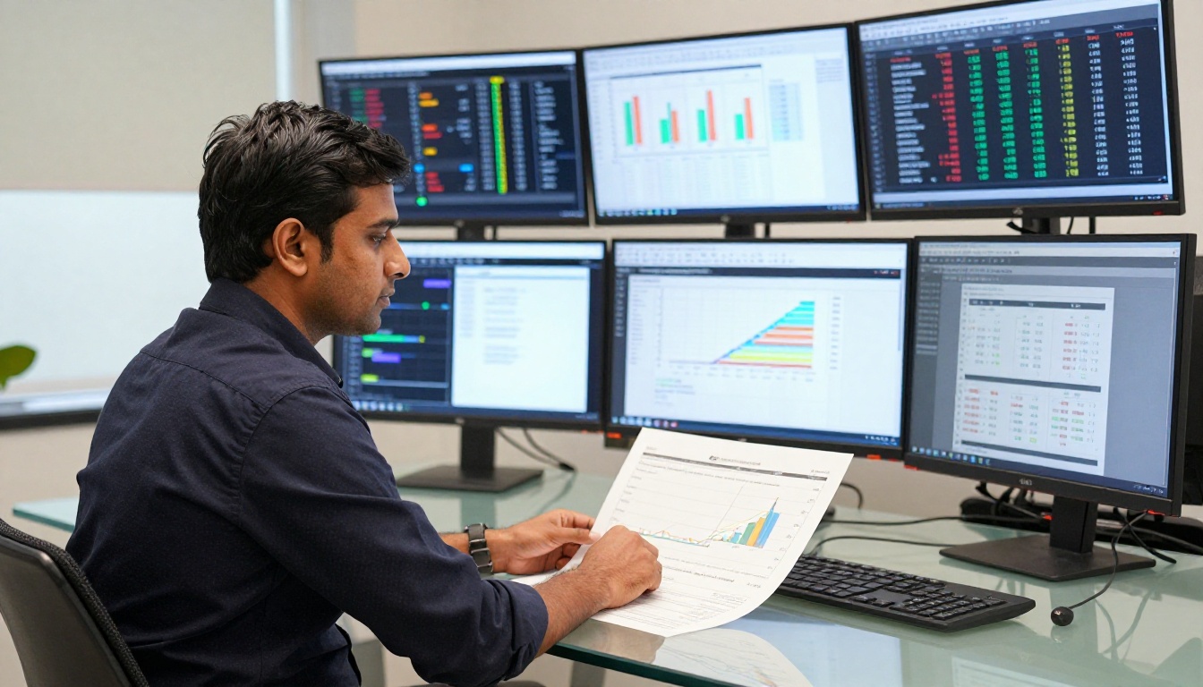 Professional data scientist reviewing benchmark comparison charts at a glass conference table