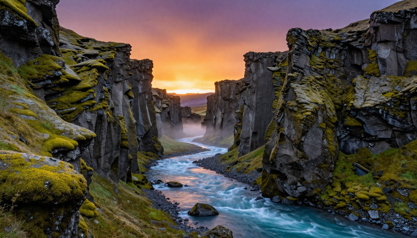 Iceland canyon at sunrise with emerald moss on ancient volcanic rock walls and morning mist