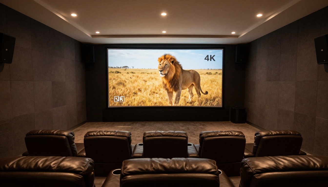 Modern home theater with large projection screen showing AI-generated nature documentary with leather recliners