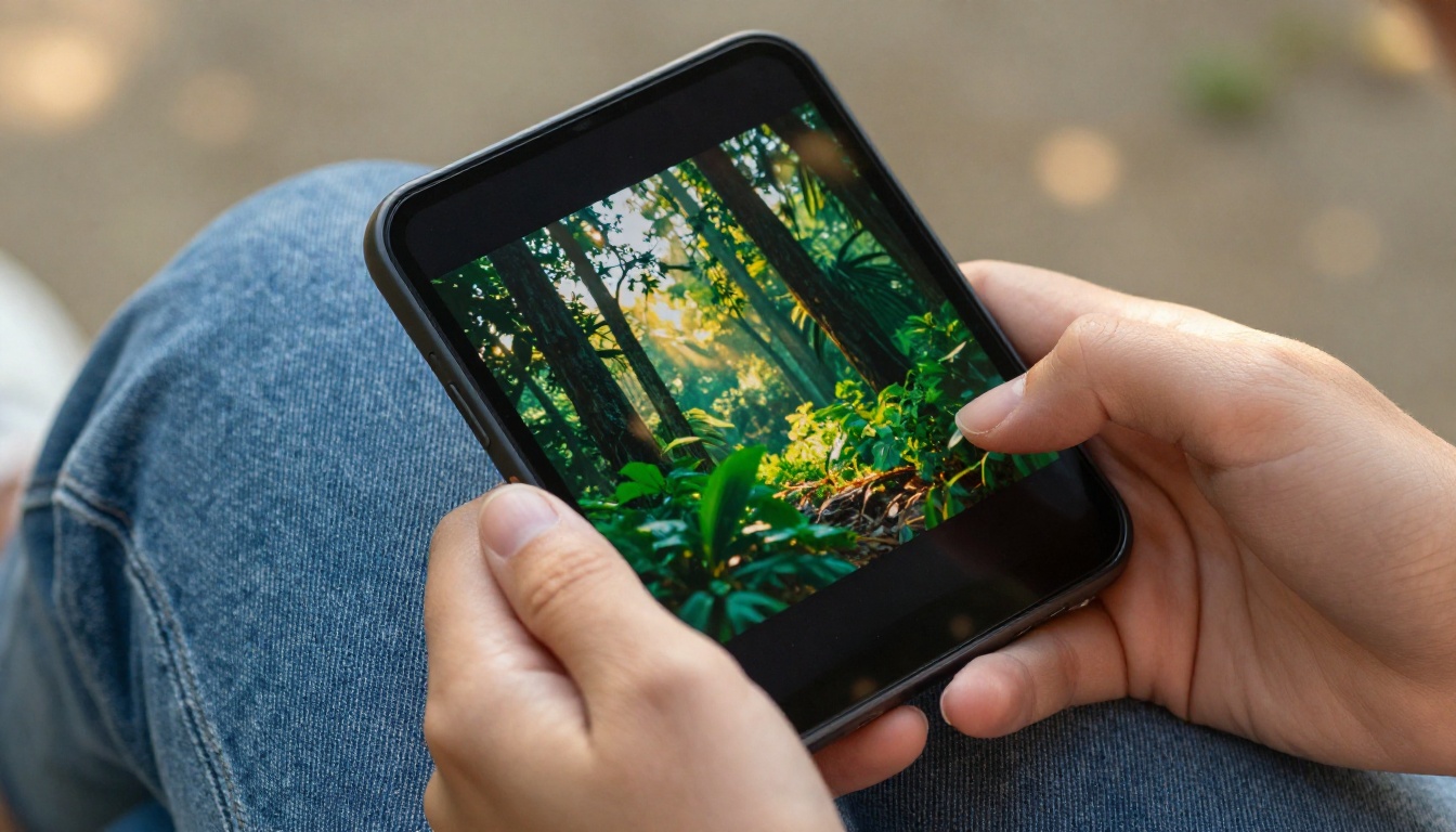 Hands holding a smartphone displaying a cinematic video clip
