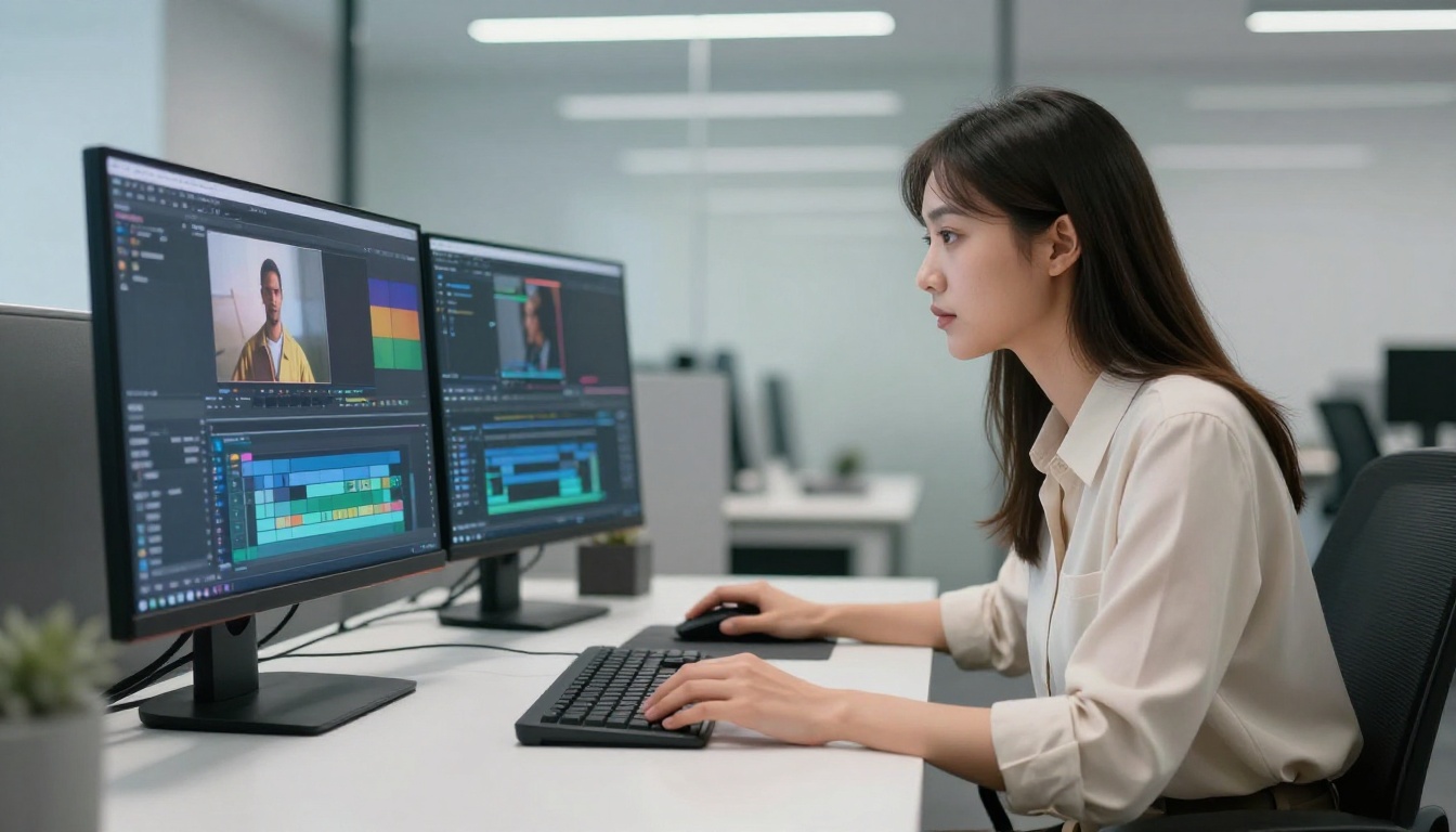 Woman reviewing video content on a professional monitor